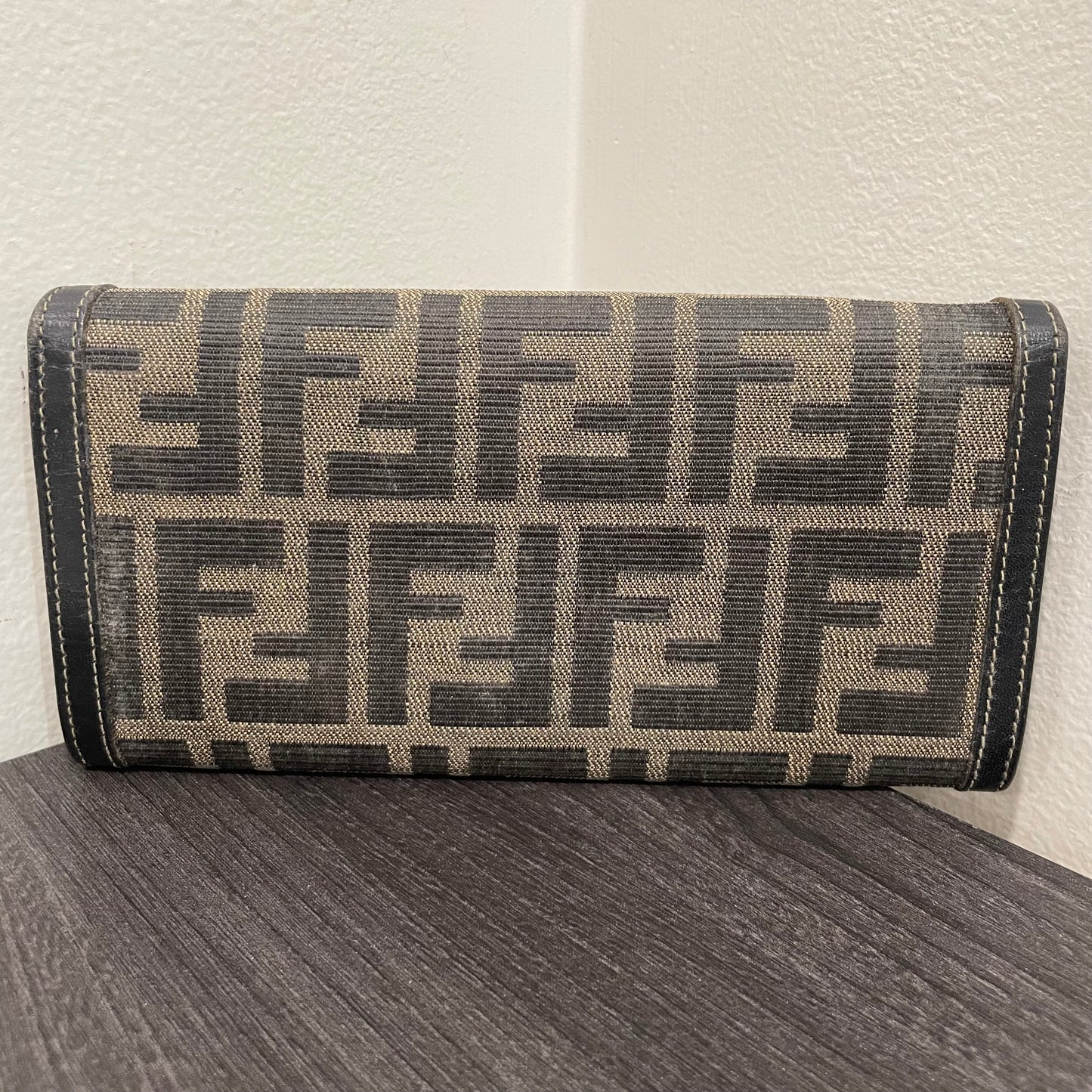 #174 FENDI Black Leather Canvas Long Wallet