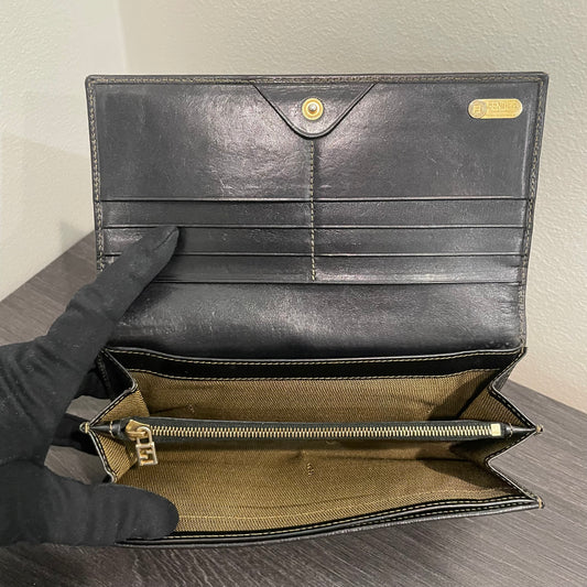 #174 FENDI Black Leather Canvas Long Wallet