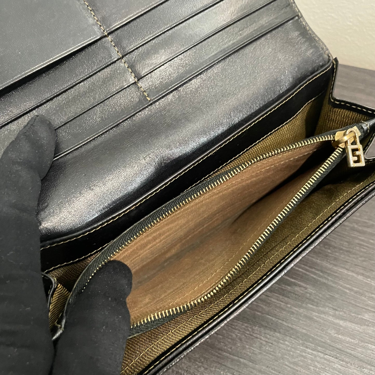 #174 FENDI Black Leather Canvas Long Wallet