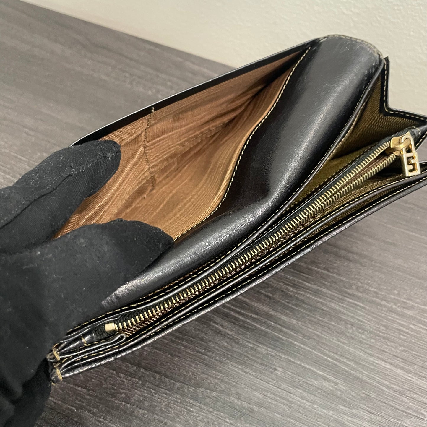 #174 FENDI Black Leather Canvas Long Wallet