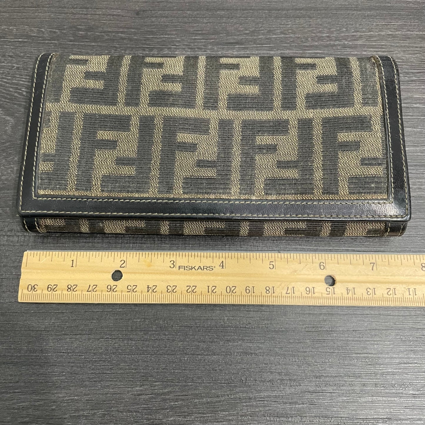 #174 FENDI Black Leather Canvas Long Wallet