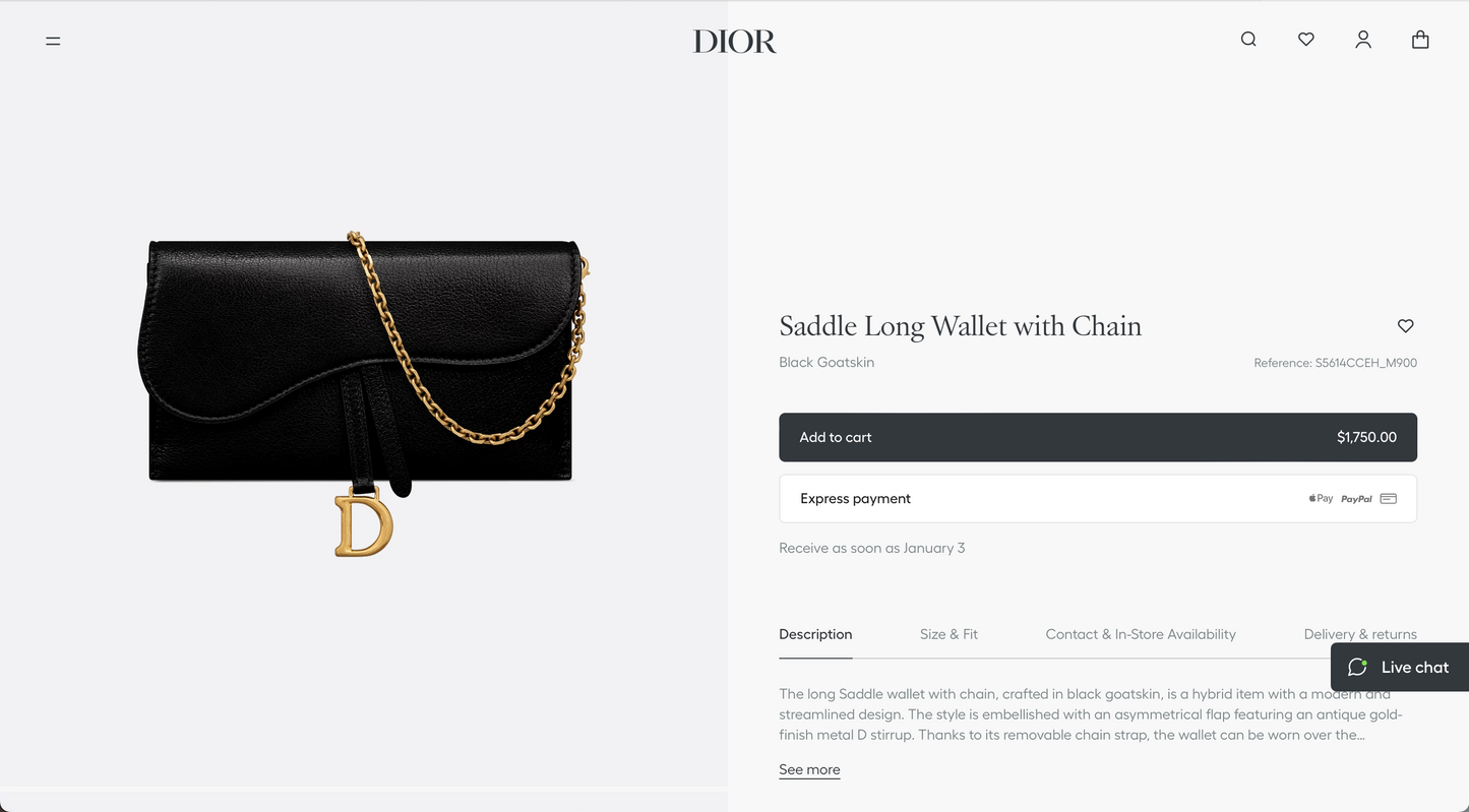 8903 DIOR Black Saddle Long Wallet with Chain MSRP $1,750