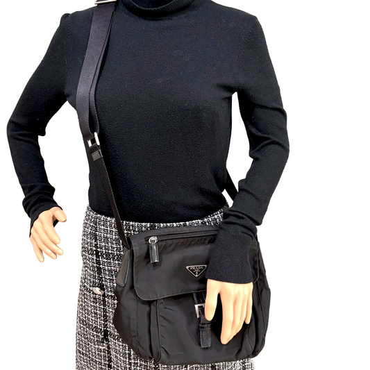 #1479 PRADA Black Tessuto Nylon Crossbody Messenger Bag