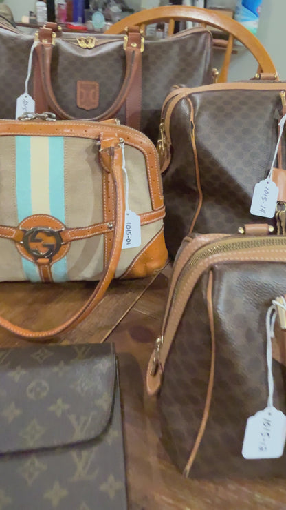 1015-01 GUCCI Canvas Web GG Reins Shoulder Bag Cognac