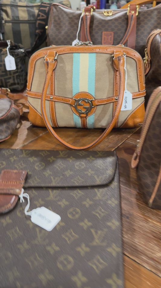 1015-01 GUCCI Canvas Web GG Reins Shoulder Bag Cognac